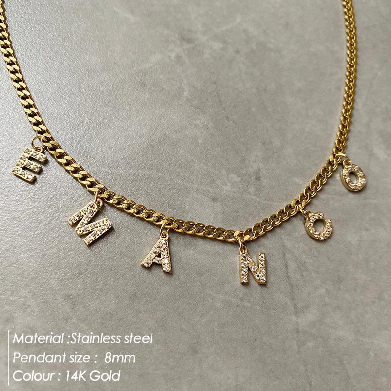 DIY Simple English Letter Necklace with Diamond Inlaid Pendant, Stainless Steel Jewelry for Europe and America.