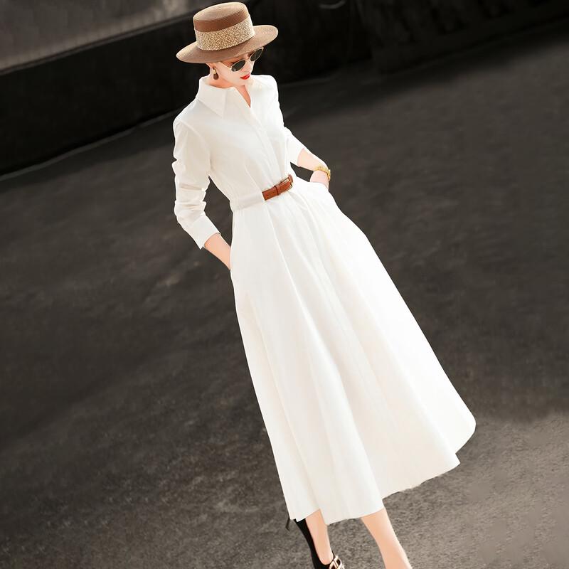 Abito Chemisier Elegante da Donna a Maniche Lunghe Bianco
