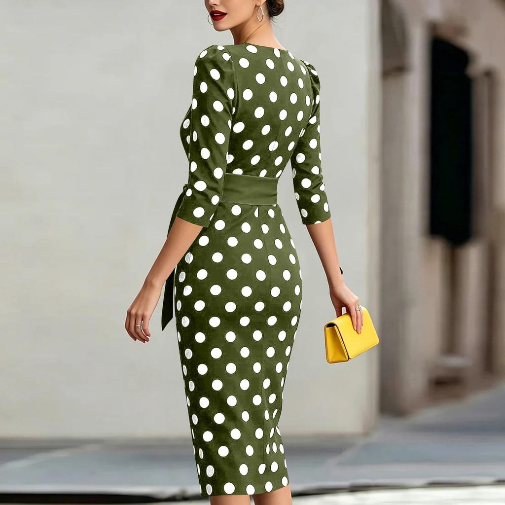 Damen Sommer Mode Polka Dot Bodycon Kleid mit Rundhalsausschnitt Gürtel Taille Enganliegend Midi Kleid