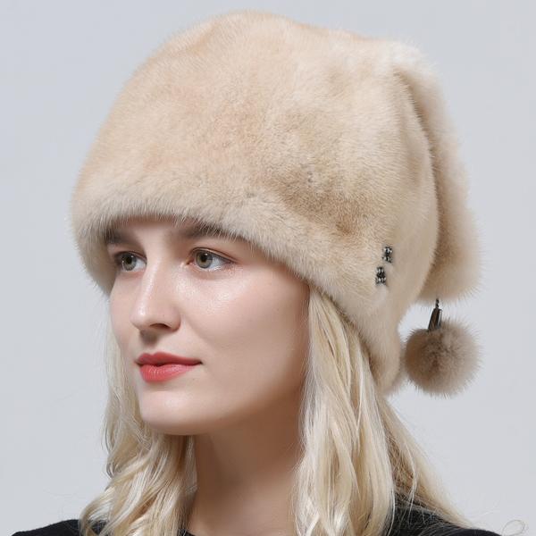Warm New Genuine Mink Fur Hat With 3 Tails Elegant Women Luxury Full Pelt Lady Fur Hat Balls Warm Snow Caps Diamond Outdoor Hat
