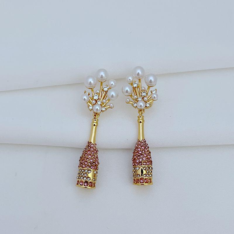 

European & American Fashion Light Luxury Rhinestone Pearl Earrings - Champagne Bottle Fireworks Shape