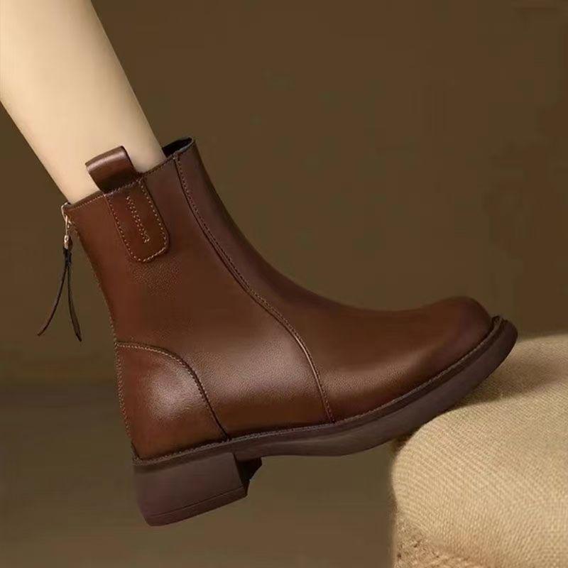 Women's Soft-Soled Genuine Leather Short-Tube Martin Boots, 2025 Autumn/Winter, Plus Velvet, Comfortable Round-Toe, Mid-Heel Chelsea Ankle Boots