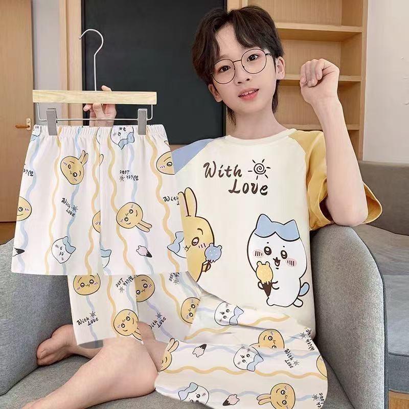 Children's Summer Pajama Set: 3-Piece Short-Sleeve Top, Long Pants, Boys' Medium & Large Air Conditioning Suit