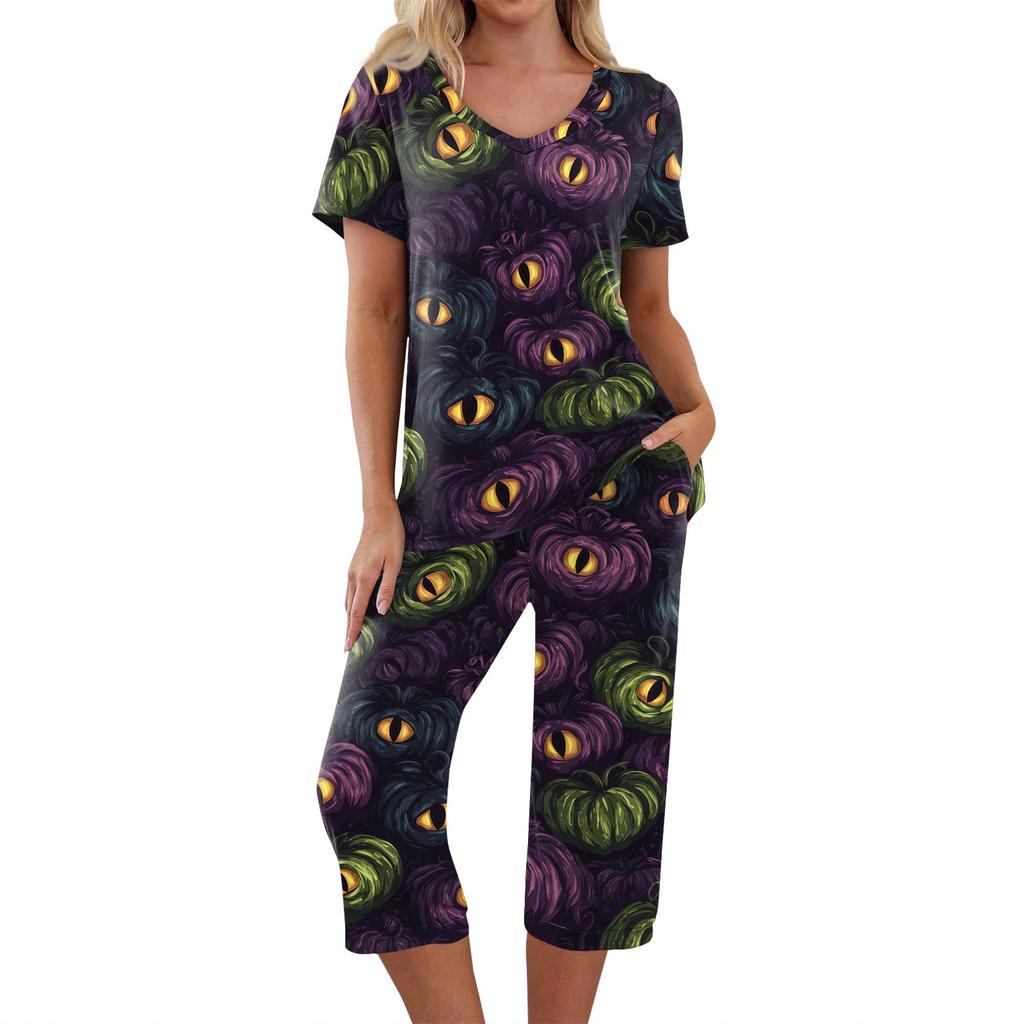 Women's Halloween Two-Piece Outfit Set - Casual Short Sleeve Top and Printed Pants, Comfortable Sportswear for Holiday Parties