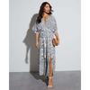 Womens V-Neck Long Dress Floral Print Short Sleeve A-Line Casual