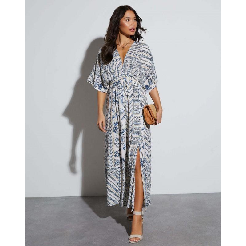 Womens V-Neck Long Dress Floral Print Short Sleeve A-Line Casual