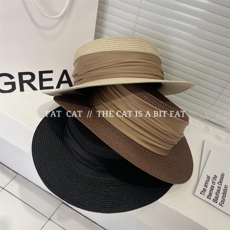 Folded ribbon flat top straw hat women's summer travel sun protection flat top hat vacation hat fashion versatile top hat