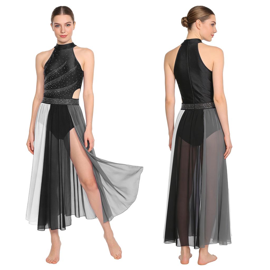 Rhinestone Color Block Mesh Leotard for Women S-XXL: Sleeveless Slit Hem Bodysuit Dress for Lyrical Contemporary Dance Costume