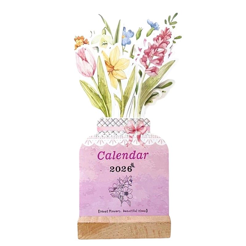 2026 Wooden Frame Desk Calendar,Vase-shaped Mini Standing Desk Calendar
