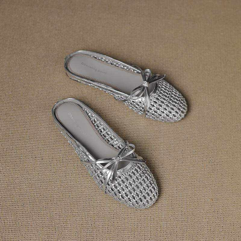 

Krazing Pot Straw Weaving Mules Summer Size 42 Bowtie Gold Silver Color Thick Low Heels Women Women Square Toe Sandals 42 срібний