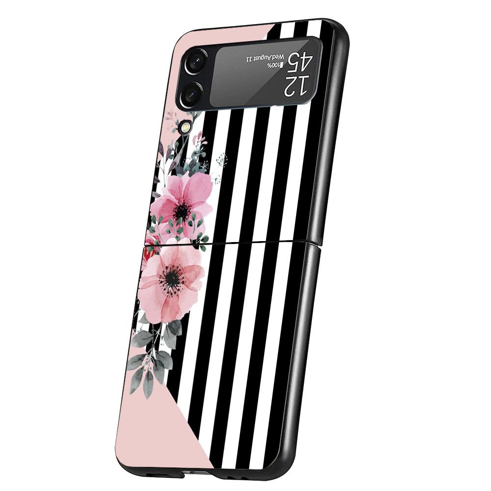 

Black White Stripes Flower Cover Phone Case For Samsung Galaxy Z Flip 7 6 5 4 3 5G Flip7 Flip6 Flip5 Flip4 Flip3 Black Fundas Sh Samsung Z Flip 3