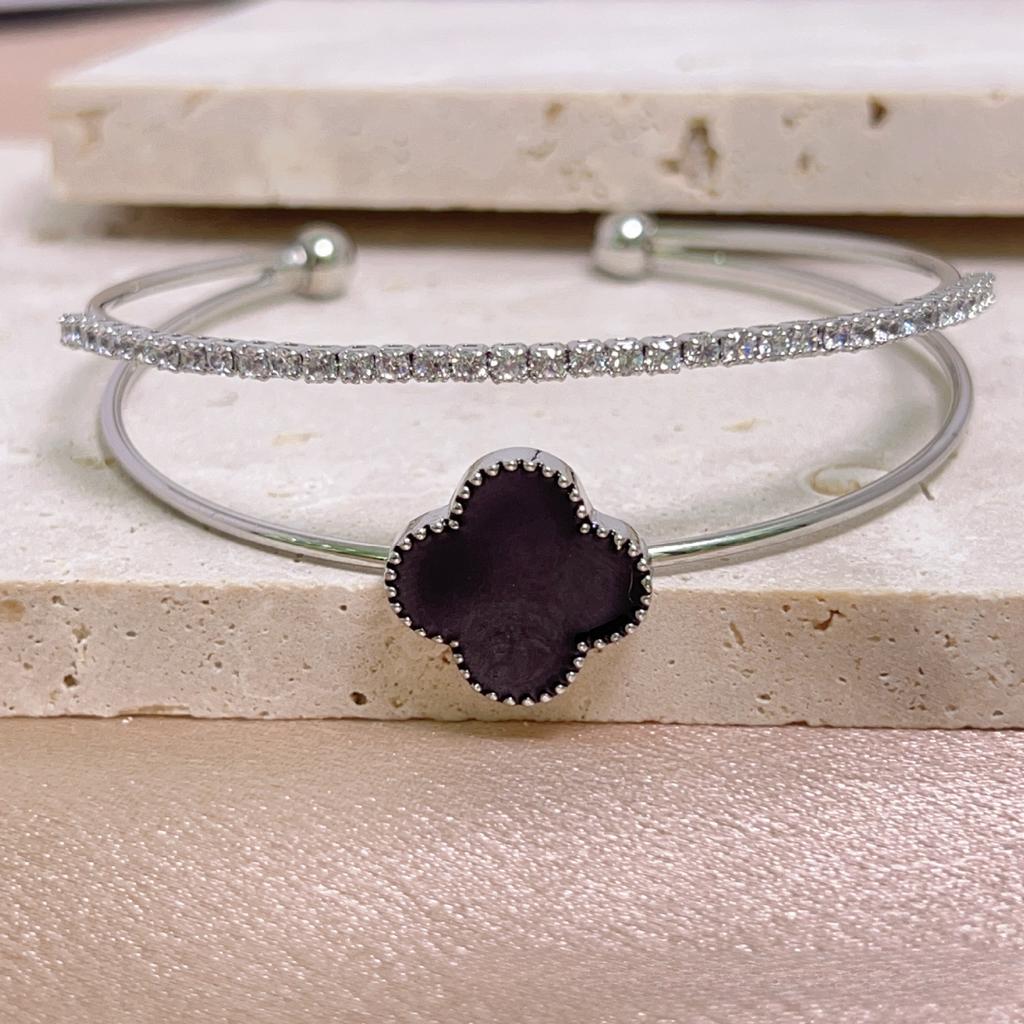 Brățară Premium Trifoi cu Patru Foi Zirconiu Strat Dublu Brățară cu Deschidere Ajustabilă Lux Non-Alergenic Brățară de Damă