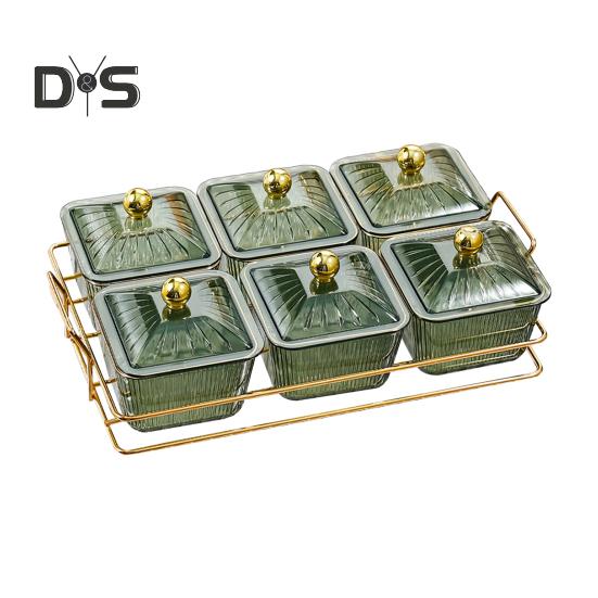 

Поднос для орехов и конфет с крышками, фруктовая тарелка, пластиковое отделение, демонстрационная тарелка для закусок, раздельные сервировочные миски для кофе и чая 6Grid зелёный