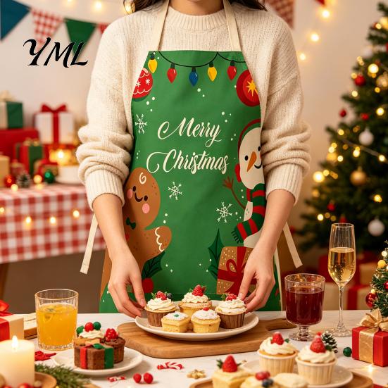 Festive Snowman Cooking Accessory Christmas Apron, Santa Claus/Elk/Gingerbread Man/Snowman Print Bib, Waterproof Non-woven Fabric Party Decoration