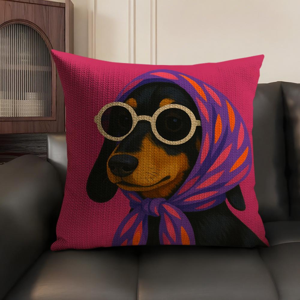Dog Wearing A Hat Cushion Cover Summer Breathable Linen Organic Fabric Double-Sided Printing Sofa Pillow Case Home Decor