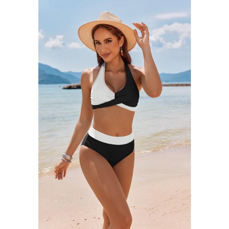 Women's Abstract Print Halter Cross Front High Waisted Two-Piece Bikini Swimsuit