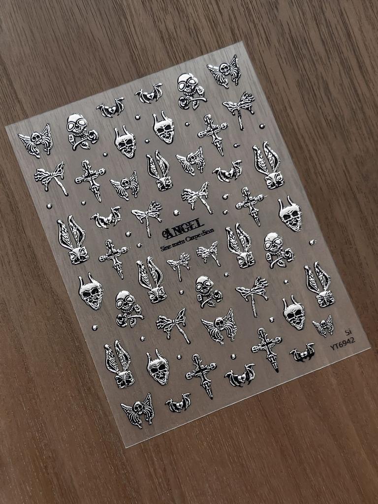 Dark Gothic Punk Style Skulls, Demon Bunny Ears, Bats, Dragonflies, Skull Butterflies, Gold and Silver 3D Embossed Nail Stickers
