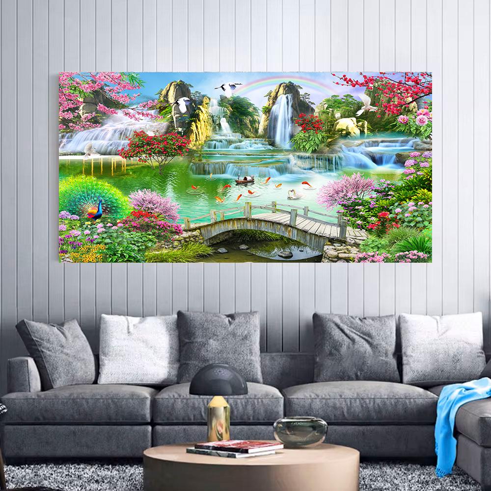 Wasserfall Sonnenuntergang Landschaft Leinwandmalerei See Vogel Poster und Drucke Cuadros Wald Wandkunst Bild für Wohnzimmer