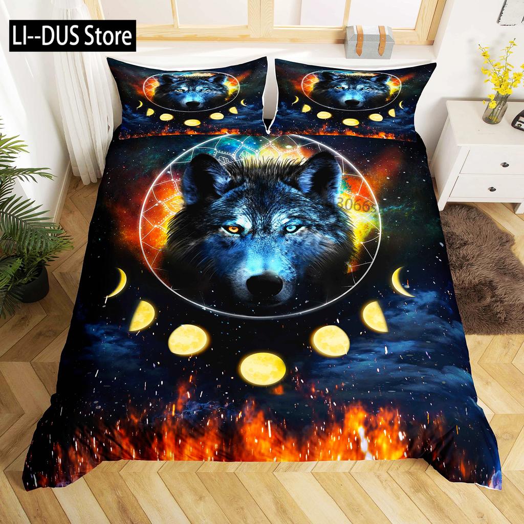 Galaxy Wolf Duvet Cover Set Full Size Bedding Set for Boys Girls Wolf Head Printed Duvet Cove Set 1 Quilt Cover 2 Pillowcases