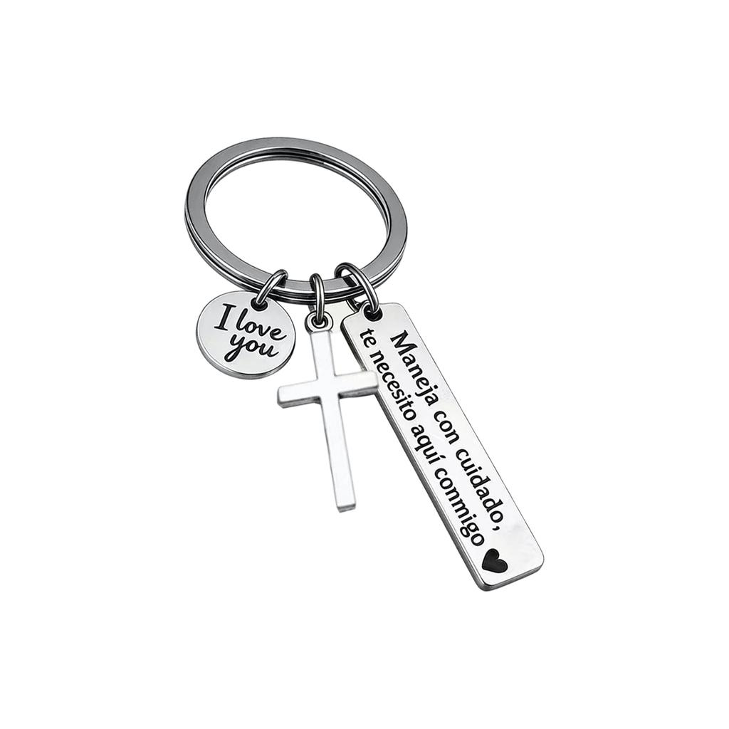 Cross Keychain Safety Reminder Rectangular Car Pendant Inspirational Message Keyring for Daily Use Durable Metal Material
