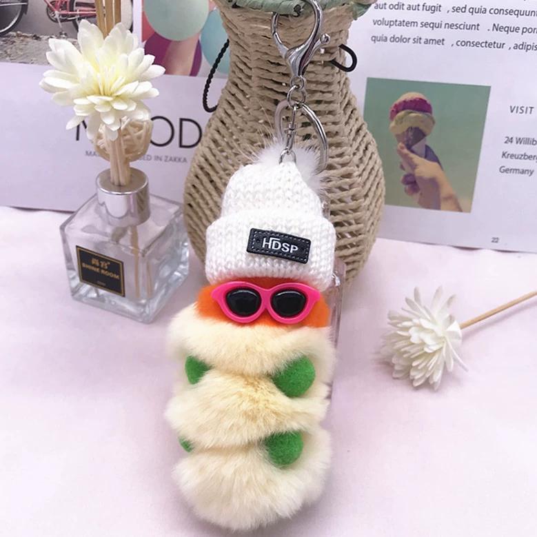 Rex Rabbit Colorful Caterpillar Plush Bag Pendant Keychain Creative Cute Female Mink Jewelry Gift