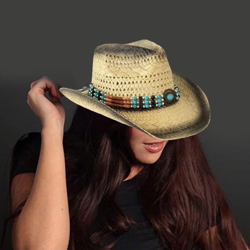 Western Styles Straw Hat Wide Border Hat Sun Protecting Beaded Straw Hat for Men and Women