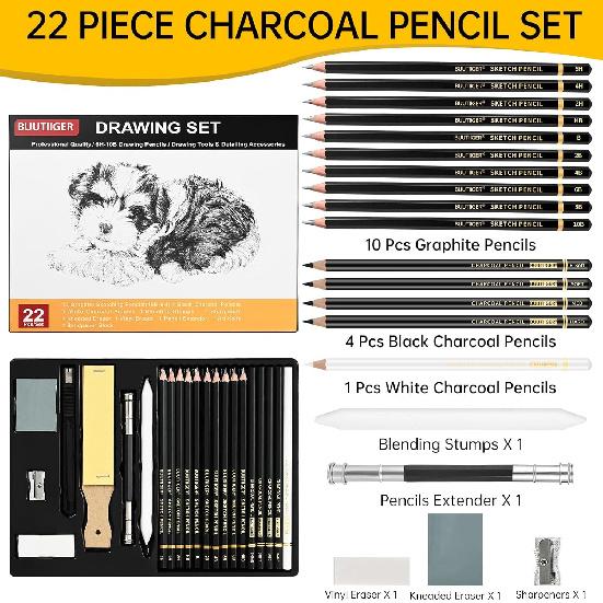 22-Piece Drawing Kit Sketch Pencils Set - Graphite Pencils (6H-10B) Black and White Charcoal Pencil Charcoal Sticks - Drawing Pencil Kit for Artists
