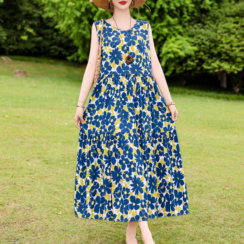 Elegant Sleeveless Dress for Women Plus Size Loose Vintage Print Long Dress Summer Middle-aged Women's Clothing