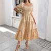 Floral dress summer new French square neck long dress bubble sleeve medium and long A-shaped skirt gentle wind skirt