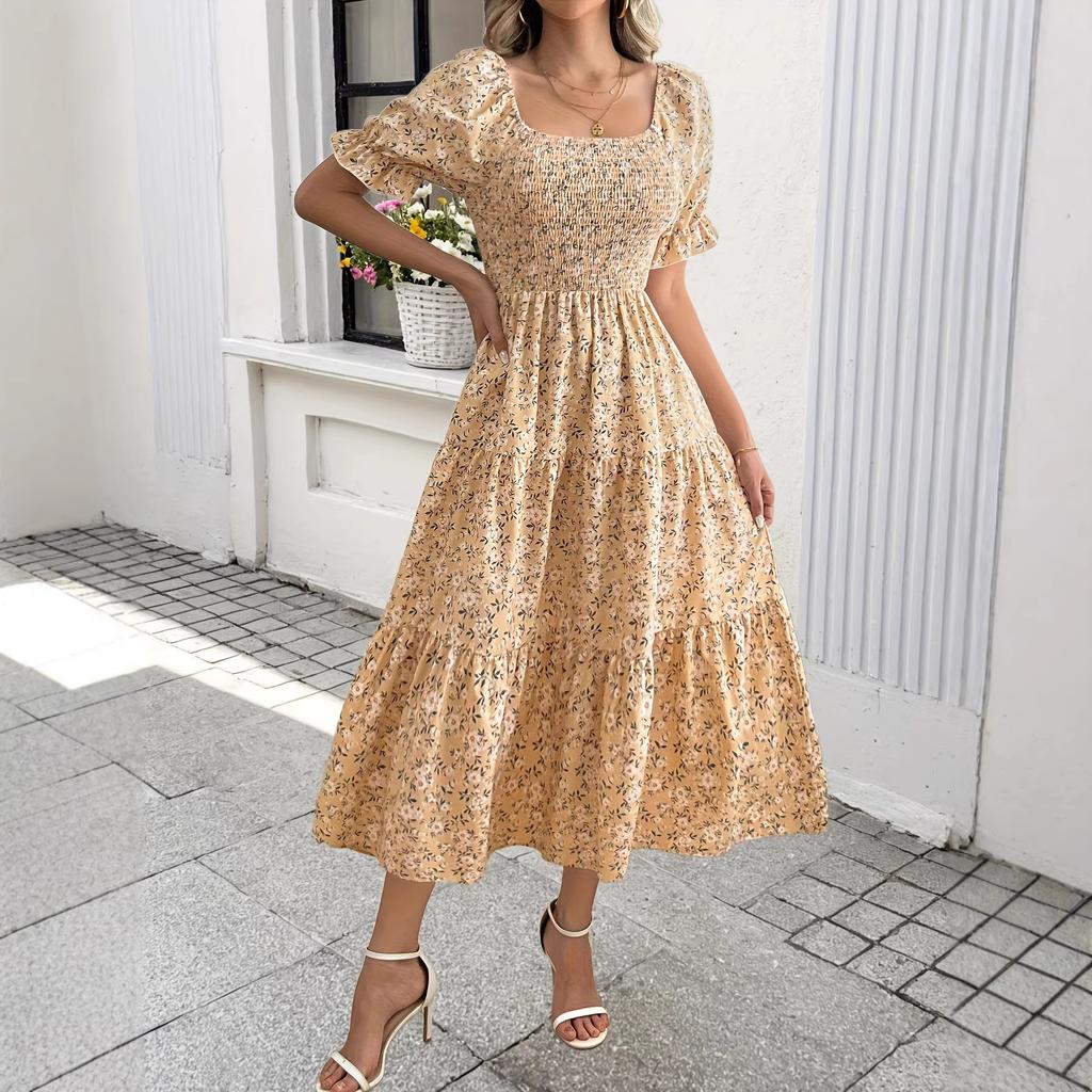 Floral dress summer new French square neck long dress bubble sleeve medium and long A-shaped skirt gentle wind skirt