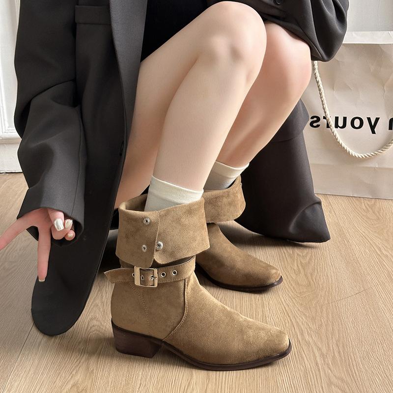 Coarse heel suede medium boots women's pile boots 2025 autumn and winter new Spice Girl retro pointed square heel western cowboy boots