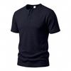 Men's Waffle Knit Henley T Shirts Short Sleeve Casual Solid Color Summer Basic Tee Tops