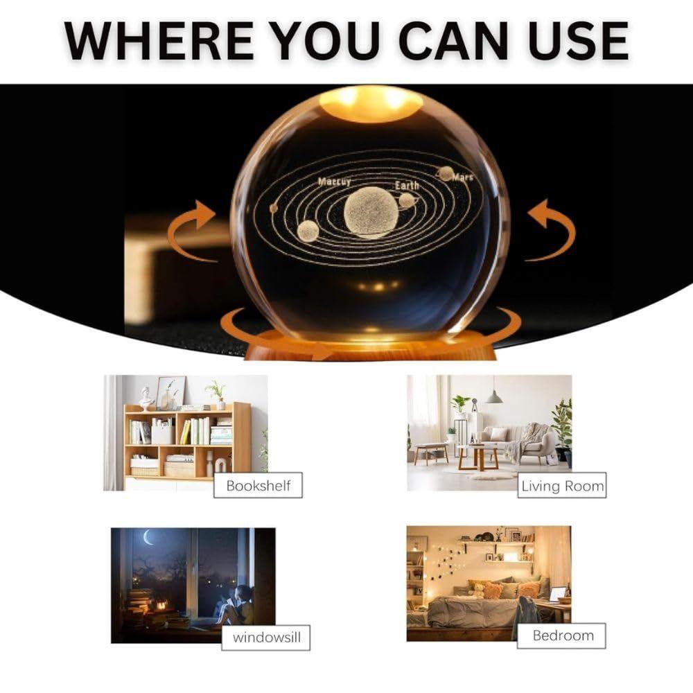 Kristallkugel Nachtlicht mit LED-Sockel | 3D Rotierender Sonnensystem Globus | Dekorative Ambientelampe für Schlafzimmer, Büro & Geschenke