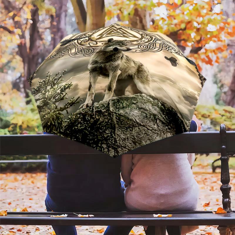 1 Stück Wolfsmuster Regenschirm Tragbarer Faltregenschirm Eisenrahmen Lochknochenstruktur Outdoor Heimregenschirm