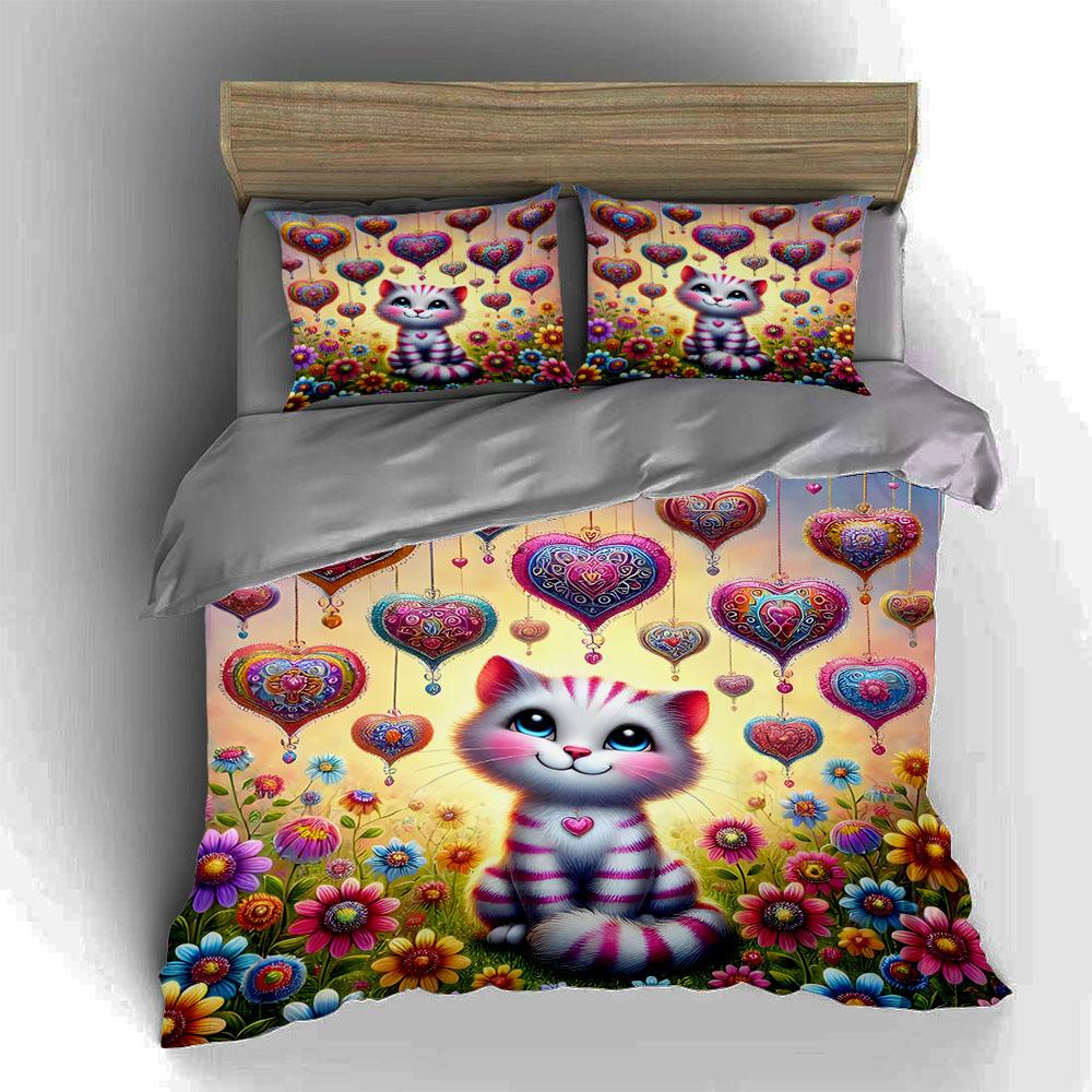 Cat, Hearts, Flowers Bedding Duvet Cover Sets Duvet Covers Pillowcases Gifts (1 * Duvet Cover 2 * Pillowcases, Without Duvet Insert)
