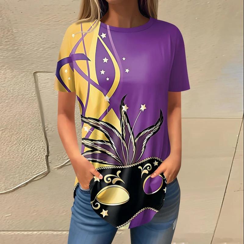 Summer Round Neck 3D Mardi Gras Themed Print T-shirts Fashionable Casual Short Sleeved Women's T-shirts
