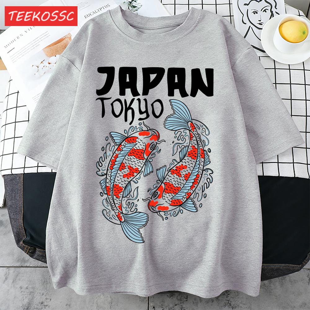 Harajuku Japan Tokyo Koi Print Man TShirt Summer New Loose Short Sleeve ONeck Cotton T Shirts Trendy Unisex AllMatch Clothes