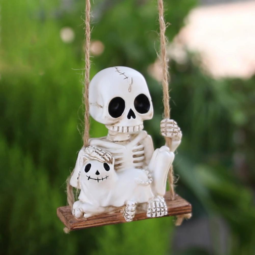 Harz Halloween Ornament Skelett Schaukel Dekoration Halloween Schaukel Skelett Schädel Auto Rückspiegel Ornamente Hängend für Zuhause