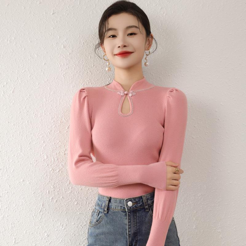 Women's Retro Qipao Collar Knitted Sweater with Frog Button Design, Slim Fit