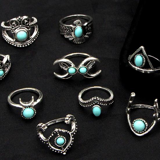 11 Stück Hohle Feder Stapelbare Knöchelringe Ethnischer Stil Blume Faux Edelstein Fingerringe Schmuckzubehör