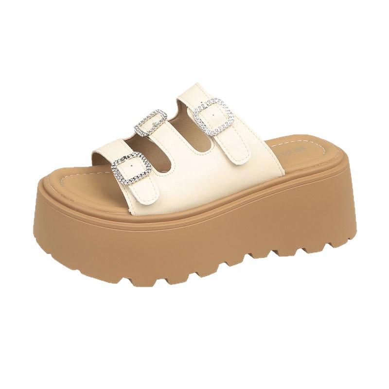 Small Thick Bottom Heightening Cool Slippers Women Wear 2025 Summer New Internet Celebrity Rhinestone Muffin High Heel One-word Drag