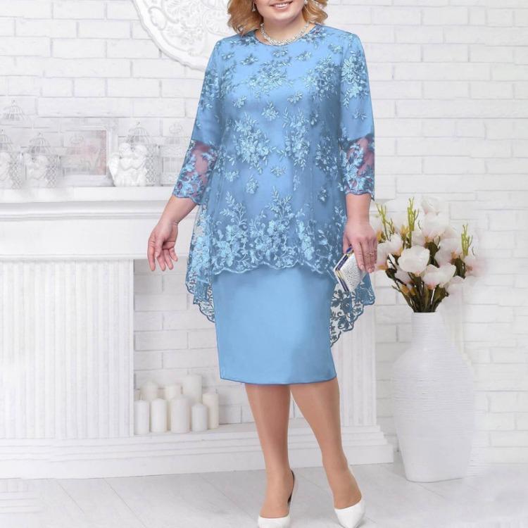 Fashion Women Casual Two Piece Set Dress Lace Embroidery Medium Long Length Qunide