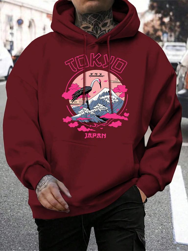 Tokyo Japan Crane Waves Printing Hoodies Men All-Match Casual Hoody Pocket Fleece Streetwear Loose Hip Hop Male Pullover