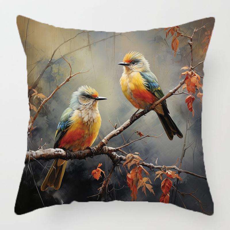 Colorful Bird and Flower Pattern Series Throw Pillow Cover with Short Plush Print for Living Room Sofa Decoration Cushion Cover