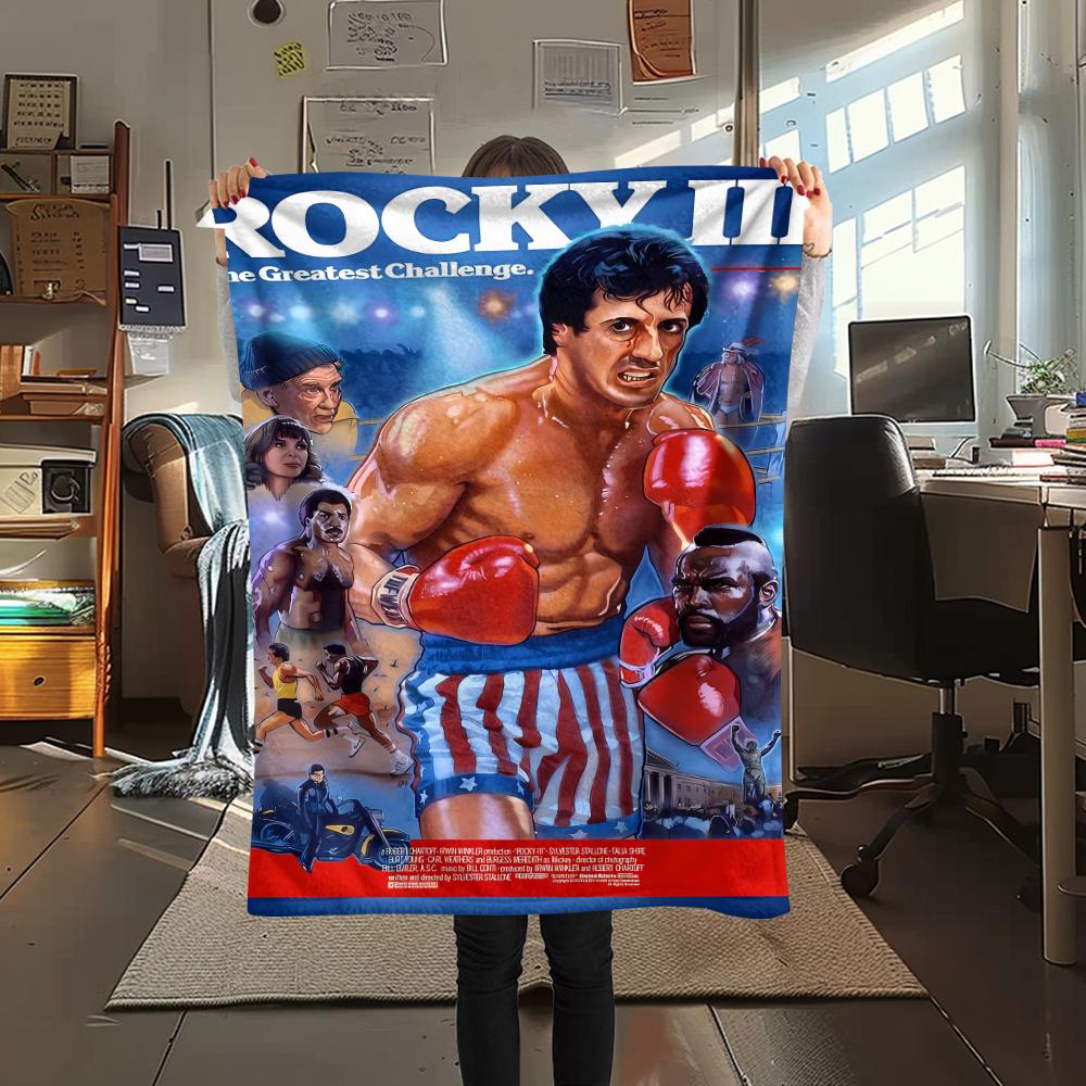1Pc Rocky Print Flannel Blanket, High Quality Comfortable for All Seasons, Home Decor, Warmth and Comfort, Perfect for Christmas Gifts