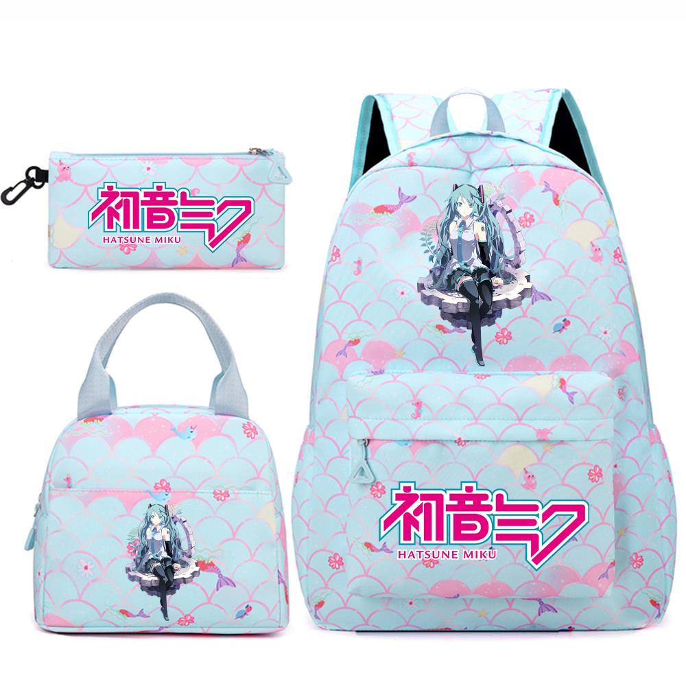 3 Stück/Set Anime Cartoon Hatsune Miku Bedruckter Rucksack Handtasche Federmäppchen für Teenager Schüler Mädchen Jungen Große Kapazität Wasserdicht Schultasche Reisetasche