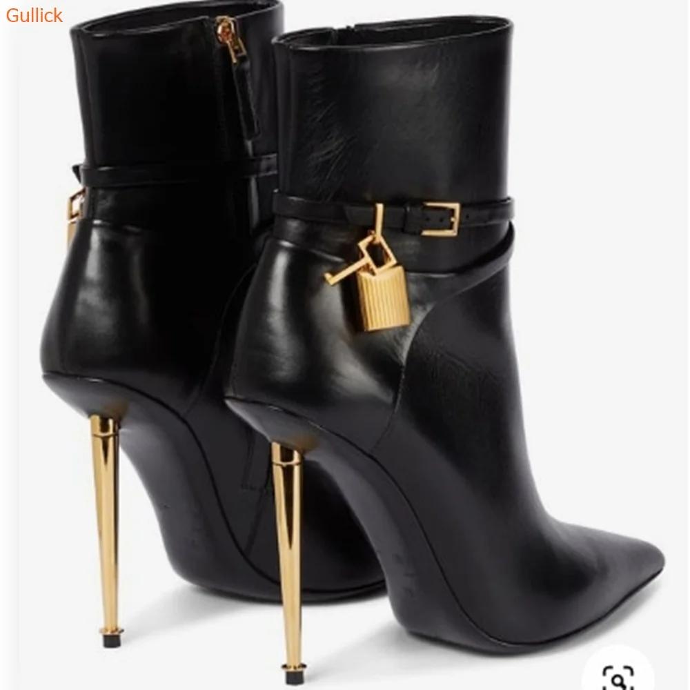 Solid Color Pointed Toe Ankle Boots Gold Lock Metal Heel Stiletto Heel 10CM Women Patent Leather Suede Short Boots 44 SIZE