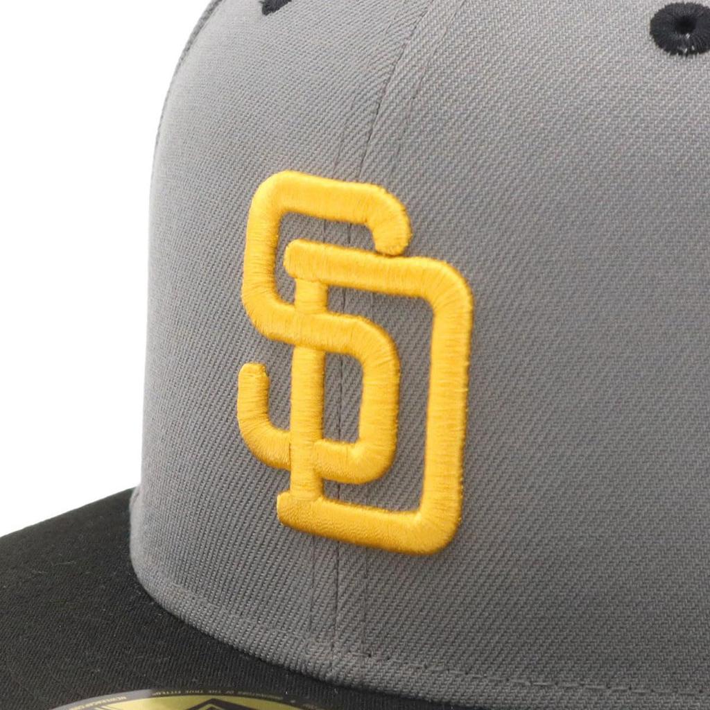 NEW ERA 59FIFTY San Diego Padres Side Patch Two Tone Cap Storm Grey Black MLB ONSPOTZ Exclusive Flat Visor Fitted Baseball Hat Unisex 7 3/4