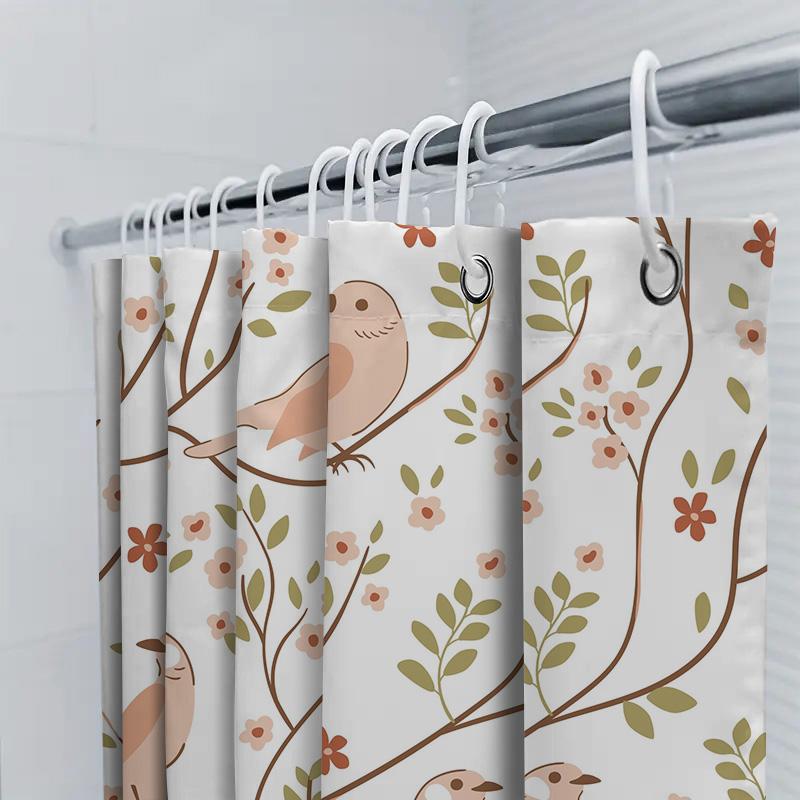Modern Floral Birds Print Shower Curtain Pink Green Colorful Pattern for Bathroom Decorations Waterproof Polyester Fabric 6 Hook