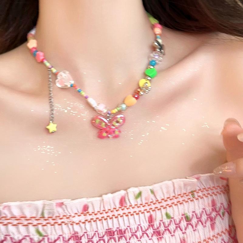 Summer dopamine! Colorful love butterfly beaded necklace women s new collarbone chain sweet girl neck chain